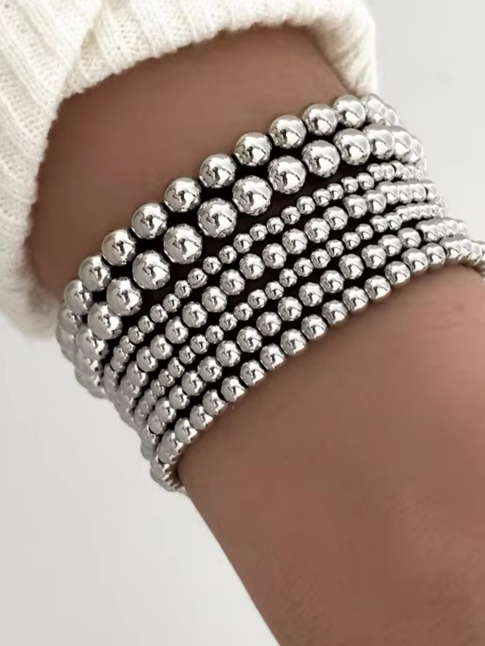 Sterling Silver Beaded Stretch Bracelet Stack